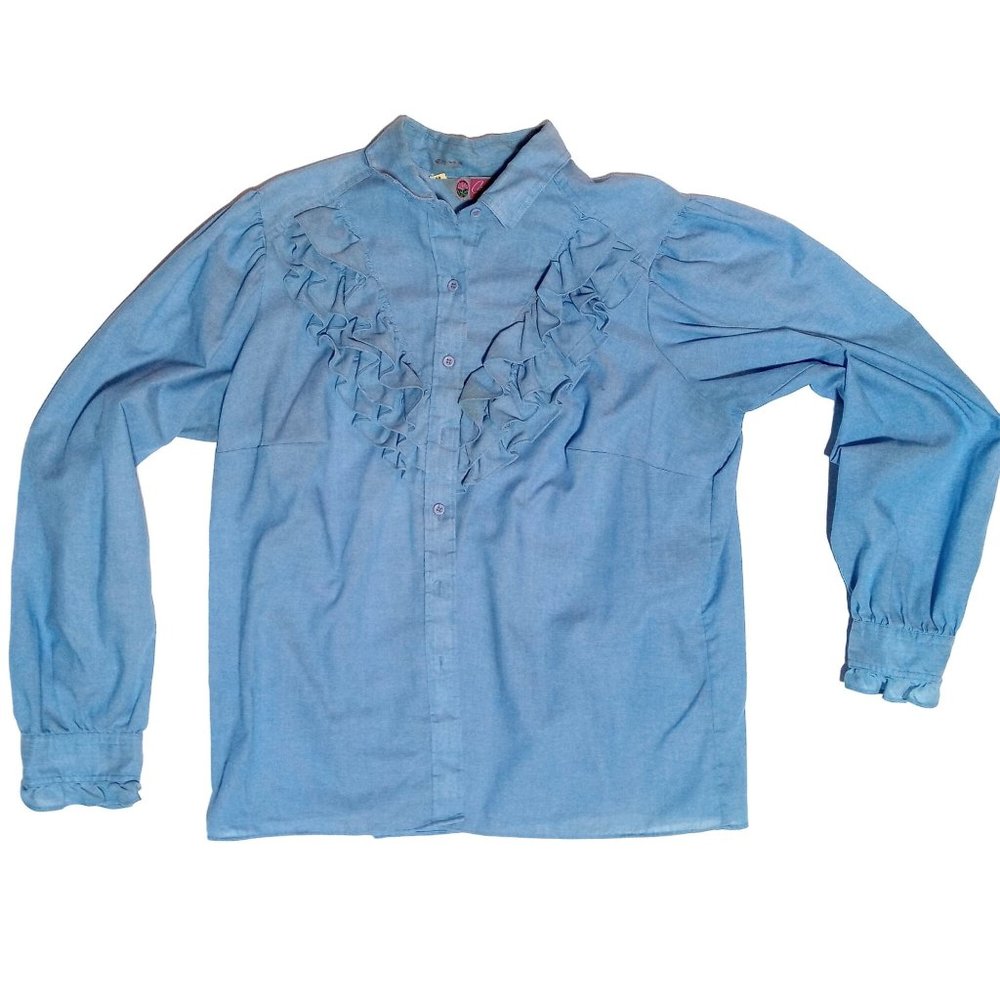 Cameo Rose Blouse Ruffle Front Blue Long Sleeve Medium Top Shirt Distressed Vtg